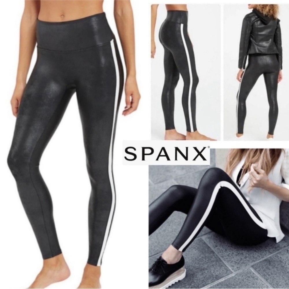 SPANX Faux Leather Leggings Tummy Control With Side Stripe Size L Tuxedo Pants - Picture 4 of 12